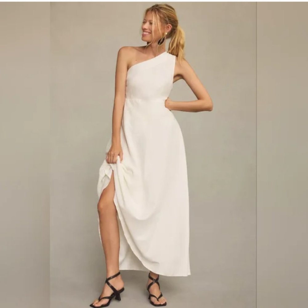 NWT Farm Rio | White One-Shoulder Smocked A-Line Linen Blend Maxi Dress, XSP
